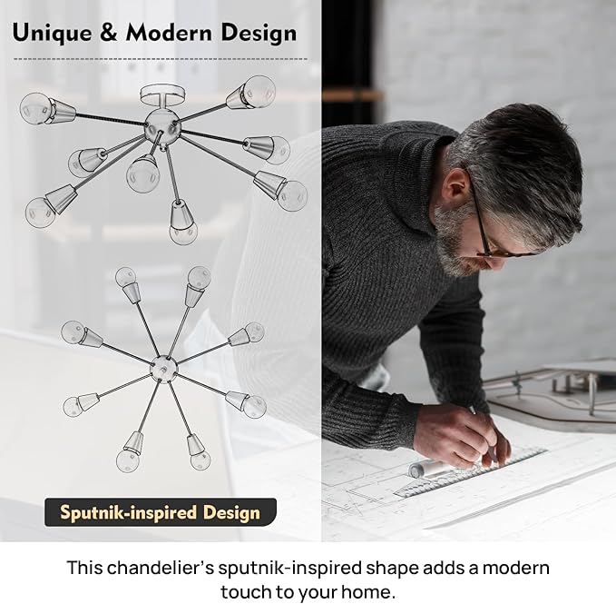 Modern Sputnik Ceiling Light Fixture,8-Lights Black and Gold Sputnik Chandeliers, Industrial Metal Semi Flush Mount Ceiling Light Fixture for Bedroom Hallway Entryway Kitchen