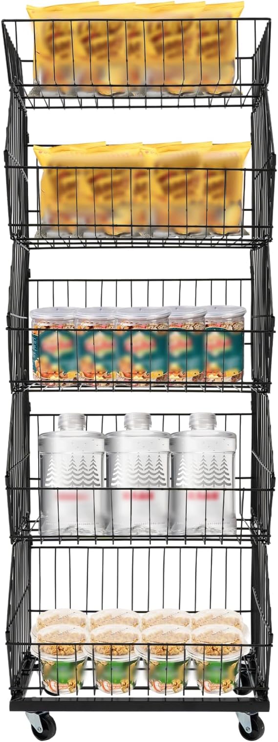 Retail Display Rack 5-Tier Market Merchandise Display Shelf Fruit Storage Shelf Vegetable Snack Basket Retail Store Supplies with Wheels for Home Store Market (18" D X 19" W X 55" H- Black)
