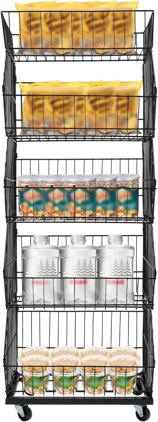 Retail Display Rack 5-Tier Market Merchandise Display Shelf Fruit Storage Shelf Vegetable Snack Basket Retail Store Supplies with Wheels for Home Store Market (18" D X 19" W X 55" H- Black)