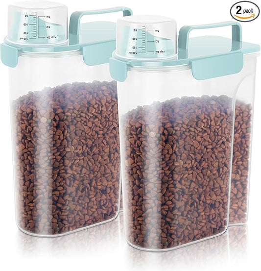 5-7LBS Dog Cat Storage Container Portable with Upgraded Large Spout and Cup, Plastic Pet Food Dispenser for Small Animal Kibble, Bird Seed, Oatmeal, Rice, Flour, Brown Sugart-2 Pack Sky Blue