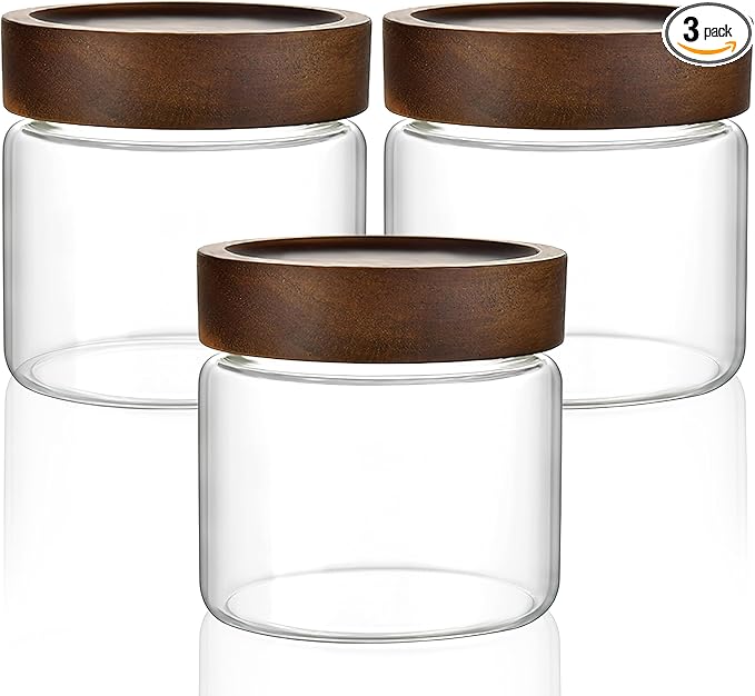 3 Pack 17 oz/500ml Clear Glass Storage Canister with Airtight Wooden Screw On Lid, Small Cute Decorative Glass Container Jar Set for Coffee, Candy, Cookie, Condiment, Pepper, Sugar, Oatmeal