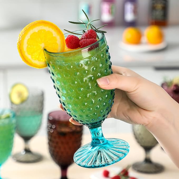 G Hobnail Iced Tea Beverage Goblets 13 oz. set of 6 Premiun Glass Set for Wine Soda Juice Water Perfect for Dinner Parties Bars Restaurants Everyday use (Multicolor, Goblet)