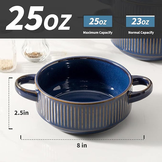 Soup Bowls with Handles, 20 oz French Onion Soup Crocks, Stackable Soup Bowl Oven Safe for Chili, Beef Stew, Embossment Ceramic Bowl Set - 5.4 Inch, Set of 4，Blue