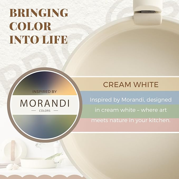 PRICUSIS Ceramic Pots and Pans Set with Detachable Handle, Non-toxic Nonstick 8pcs Cookware Set with Die-cast Lids, Dishwasher & Oven Safe, PTFE PFOA PFAS Free, Perfect for College Dorm, Cream White