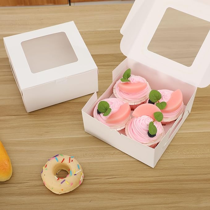20Packs- 4 Count White Cupcake Containers Bakery Cake Boxes, Birthday, Wedding, Christmas party, Auto-Popup Cupcake Boxes for personalized gift giving , Cookies, Baking Gift Display,cake boxes