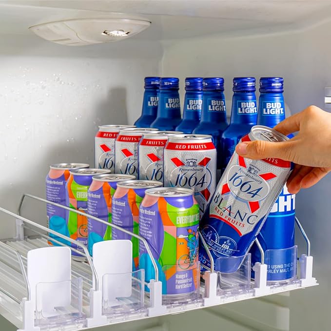 RULA Drink Organizer for Fridge, Self-Pushing Soda Can Dispenser for Refrigerator, Width Adjustable Water Bottle Pusher Glide - Holds up to 20 Cans (15" D, 4 Rows)