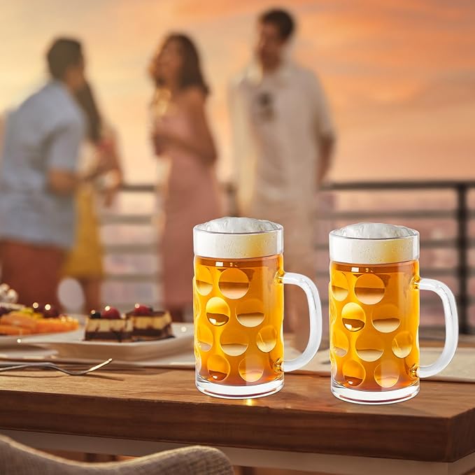 20 OZ Beer Stein Mugs, German Clear Large Tall Beer Glasses With Handle for Men, Wave Point glass Mug Set of 2
