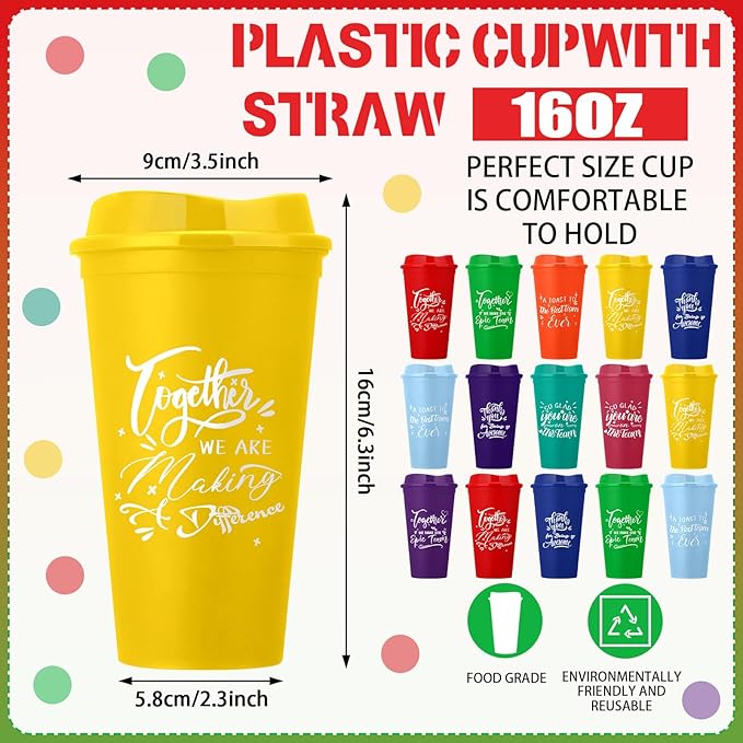 Pickmesh 15 Pcs Employee Appreciation Gifts Christmas Thank You Gift for Team Building 16 oz Teacher Plastic Coffee Cup with Lid Inspirational Travel Tumbler for Coworker Staff Pastor (Bright Color)