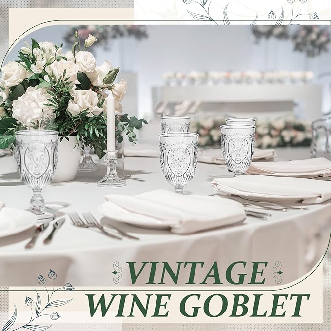 48 Pcs Plastic Goblets 7.5oz Vintage Goblet Plastic Wine Glasses Colored Retro Embossed Water Goblets for Wine Bar Juice Baby Shower Wedding Reception Grand Event Party (Clear)