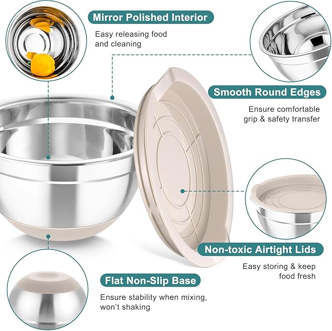TeamFar Mixing Bowls, 5PCS Stainless Steel Nesting Salad Bowl with Lid & 3 Grater Attachments, for Prepping/Serving/Storing Food, Nontoxic, Airtight Lid & Non-slip Bottom - 4.6/3.5/2.5/1.5/1 QT
