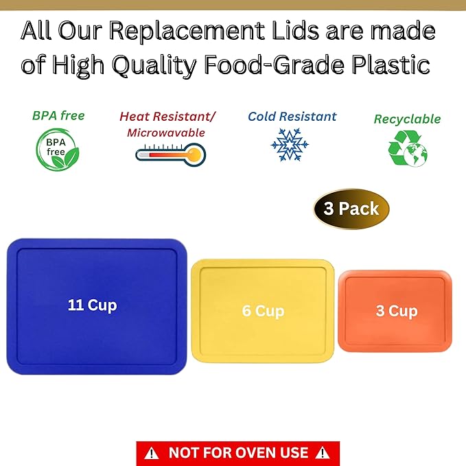 3, 6 & 11 Cup Orange, Yellow, Blue Replacement Lids/Covers for Pyrex, Anchor Hocking & KlareWare Storage Bowls *Lids Only Glass Container Not Included* (3 Pack *One of Each Size*)