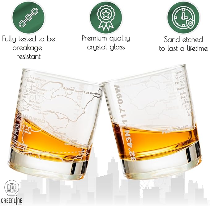 Greenline Goods Whiskey Glasses - 10 oz Tumbler Set for San Diego lovers, Etched with San Diego Map Old Fashioned Rocks Glass - Set of 2