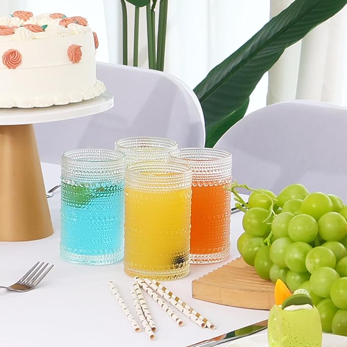 Moretoes Hobnail Drinking Glasses Set of 12,12 Oz Highball Glasses Clear Embossed Boho Water Glass Cups Kitchen Bar Tumbler Glassware Set for Whiskey, Beer, Juice, Milk and Various Mixed Drinks