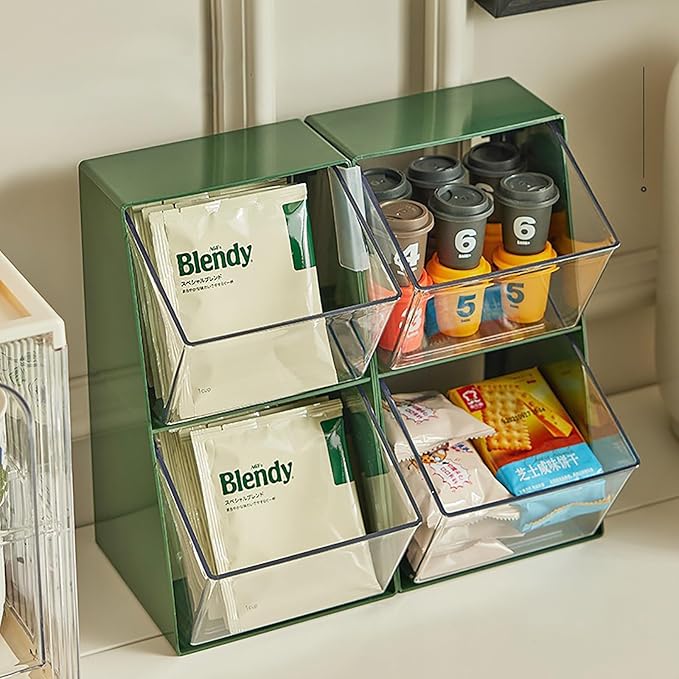 K Cup Holder, Large Capacity Tea Bag Organizer with 2 Drawers, Clear Coffee Pod Storage for Creamer, Sugar, Snack, Stationery, Cookies, Hair Tie - Green