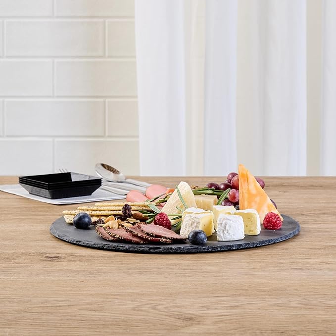 Restaurantware Slate Serving Tray 1 Pack of 11.81" Foam Feet Charcuterie Stone Plate Rustic Edges Freezable Black Square Serving Display Cheese Board for Kitchen, Gourmet, Dining, Parties