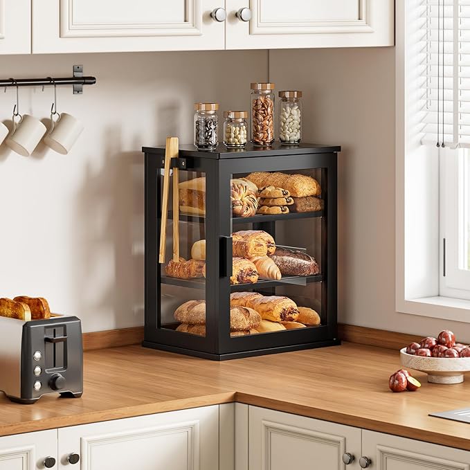 WOWLIVE Black Bread Box for Kitchen Countertop, Large 3 Layers Bread Storage Container for Homemade Bread with Window, Farmhouse Breadbox Organizer for Kitchen, Cabinet, Pantry (Black, Meduim)