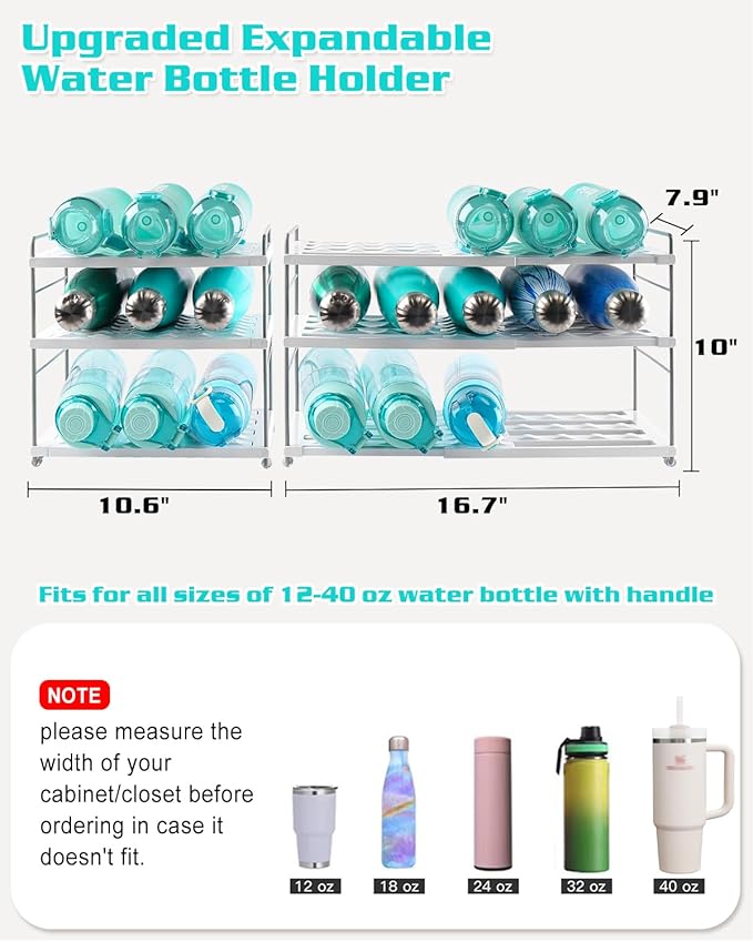 Water Bottle Organizer Holder for Cabinet, 3 Tier Expandable Water Bottle Storage Rack for Tumbler Travel Mug Cup Kitchen Pantry Organization and Storage for Stanley Cup