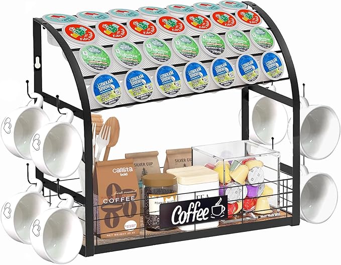 K Cup Coffee Pod Holder, 2 Tier Coffee Bar Organizer with 8 Mug Hooks, 2025 New K Cup Holders for Counter, Easy Assembly, Multi-functional Coffee Station Organizer for Countertop, Home or Office,Black