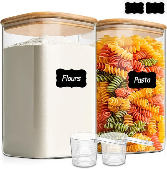 ComSaf 1.2 Gallon Wide Mouth Flour Sugar Storage Containers 2 Pcs, 4.6 Qt Glass Storage Containers with Lids, Large Pantry Glass Jar with Lid, Big Jars for Rice, Flour, Sugar, Cereal, Cookie, Coffee