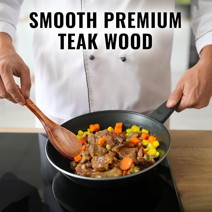 Zulay Kitchen Premium Large Teak Wooden Spoon For Cooking - Durable Wooden Cooking Utensil, Perfect Wooden Kitchen Utensil Set Addition, Smooth Finish Natural Teak Spoon, Non-Stick Wooden Spoon