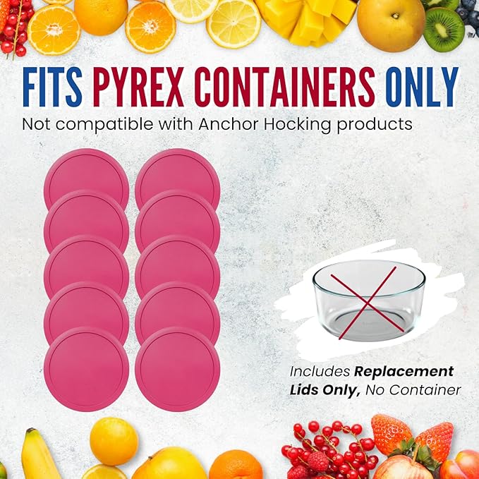 Replacement Lids for Pyrex 2-Cup Glass Food Storage Container Bowls, 5-Inch Plastic Round Lids Covers fits Pyrex 7200-PC, Airtight & Leakproof (10-Pack, Fuchsia)