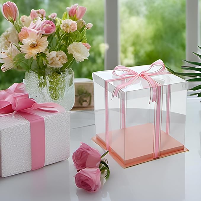 XININSUN pink clear cake box with ribbon,12x12x10inch tall cake boxes for tiered cake, transparent cake carrier, cake containers clear gift box for wedding, birthday, party(6pcs)
