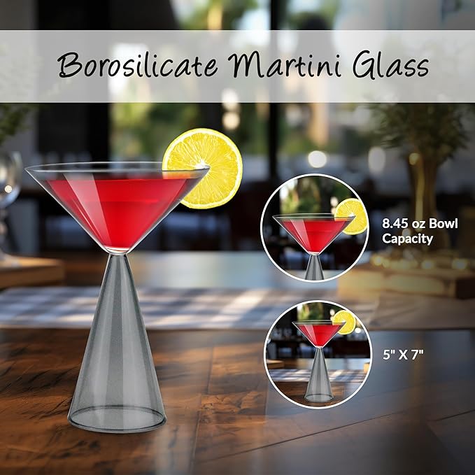Gusto Buono 8.4oz Martini Glasses – Set of 4 Drinkware with Grey Stem Geometric Design | Heat-Resistant, Dishwasher & Microwave Safe | Perfect for Martinis, Cocktails, Home, Parties, & Gifts