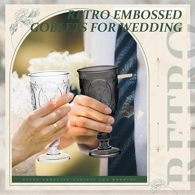 6 Pcs Plastic Goblets 7.5oz Vintage Goblet Plastic Wine Glasses Colored Retro Embossed Water Goblets for Wine Bar Juice Baby Shower Wedding Reception Grand Event Party (Multicolor)