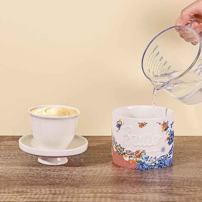 Butter Crock with Water Line, Ceramic Butter Keeper for Counter, French Butter Dish with Lid for Spreadable Fresh Butter (Orange and Blue Lotus)