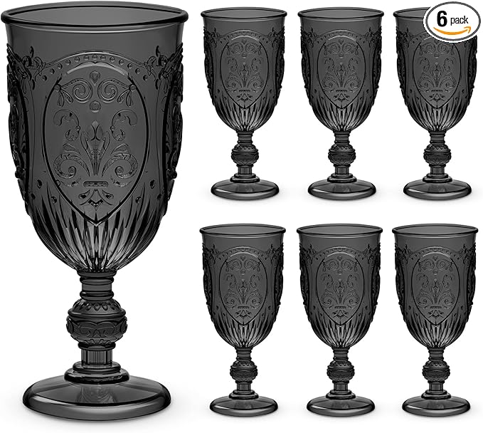 6 Pcs Plastic Goblets 7.5oz Vintage Goblet Plastic Wine Glasses Colored Retro Embossed Water Goblets for Wine Bar Juice Baby Shower Wedding Reception Grand Event Party (Black)