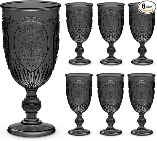 6 Pcs Plastic Goblets 7.5oz Vintage Goblet Plastic Wine Glasses Colored Retro Embossed Water Goblets for Wine Bar Juice Baby Shower Wedding Reception Grand Event Party (Black)