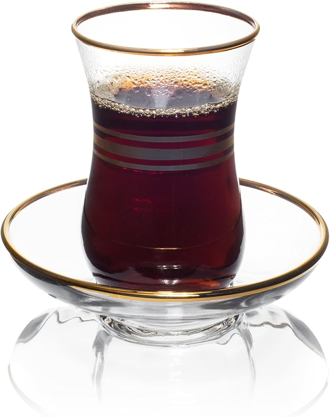 Red Co. Set of 6 Small 4 Oz Turkish Clear Glass Tea Cups & Saucers with Gold Trim