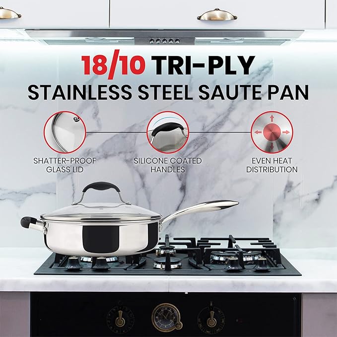 AVACRAFT 18/10 Tri-Ply Stainless Steel Saute Pan with Lid, Helper Handle, Induction & Stovetop, Versatile Stainless Steel Skillet, Cookware (3.5 Quarts)