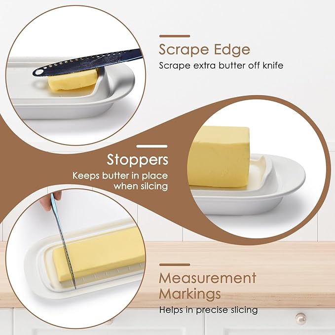 Butter Dish with Clear Lid, Butter Keeper, Easy Scoop,Butter Container Holds for East/West Coast Butter, Dishwasher Safe(White)