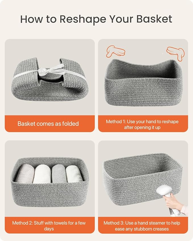 Small Woven Basket, 13.5 x 9.5 x 5 Inches, Storage Basket for Organizing, Cute Small Rope Shelf Closet Cube Storage Bins Baskets for Shelves, Dog Toy Gift Baskets Empty, 3 Packs, Mixed Grey