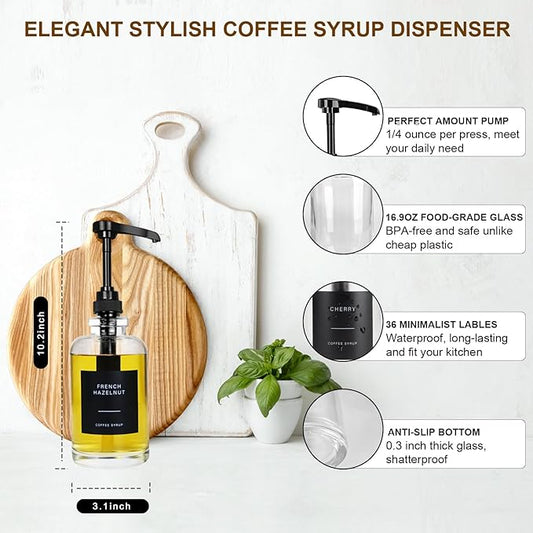 Coffee Syrup Dispenser for Coffee Bar, Glass Syrup Dispenser with Pump, Coffee Syrup Pump Dispenser Bottle with Tray, Spoon for Coffee Station, Coffee Bar Organizer, Black,16.9 oz, 500 ml