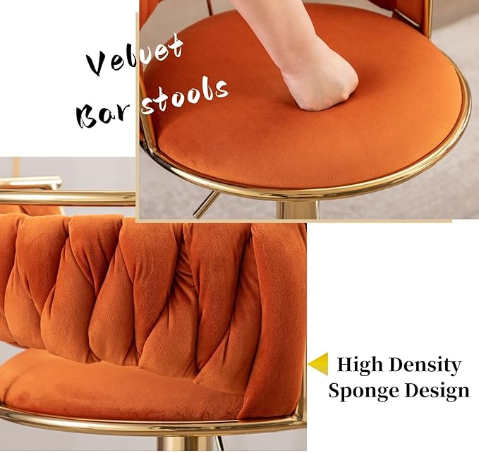 LukeAlon Velvet Adjustable Barstools Set of 2, Modern 360° Swivel Counter Stools with Golden Base Upholstered Open Back Tall Bar Chairs with Footrest for Home Kitchen, Orange