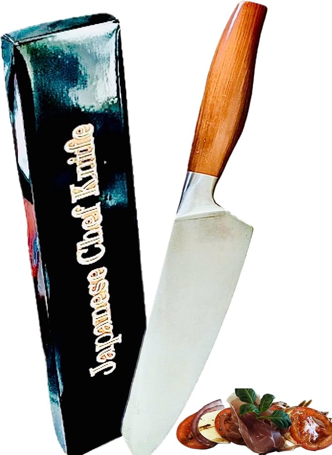 Japanese Chef Knife santoku knife with a high carbon stainless steel blade, finished wood handle,chop slice and dice like a pro with this well made knife comes with gift box and blade guard