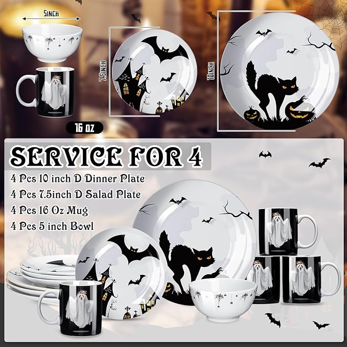 16 Pcs Halloween Dishes Dinnerware Set Serve 4
