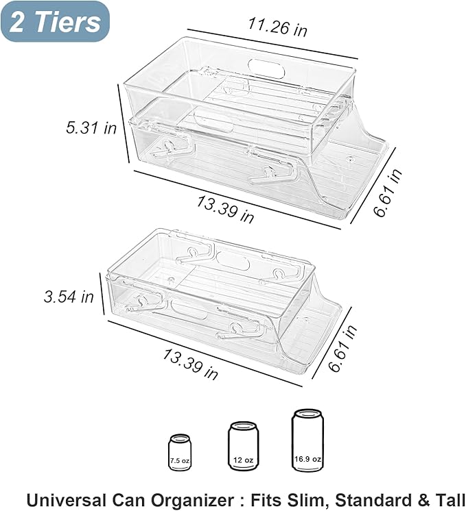 2 PCS Soda Can Organizer for Refrigerator & Pantry, Double Space Saving Auto-Rolling Stacking Can Dispenser, Fits Skinny/Standard/Tall Cans, Clear Fridge Can Holder Storage for Kitchen, Office