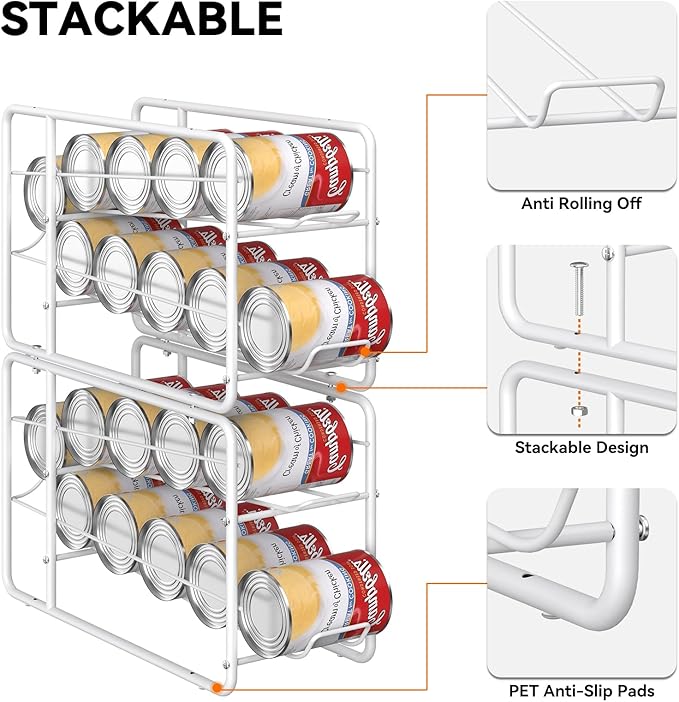 MOOACE Soda Can Organizer for for Pantry, Stackable Can Dispenser Canned Food Storage, Kitchen Cabinet Fridge Beverage Cans Holder, 4 Pack, White
