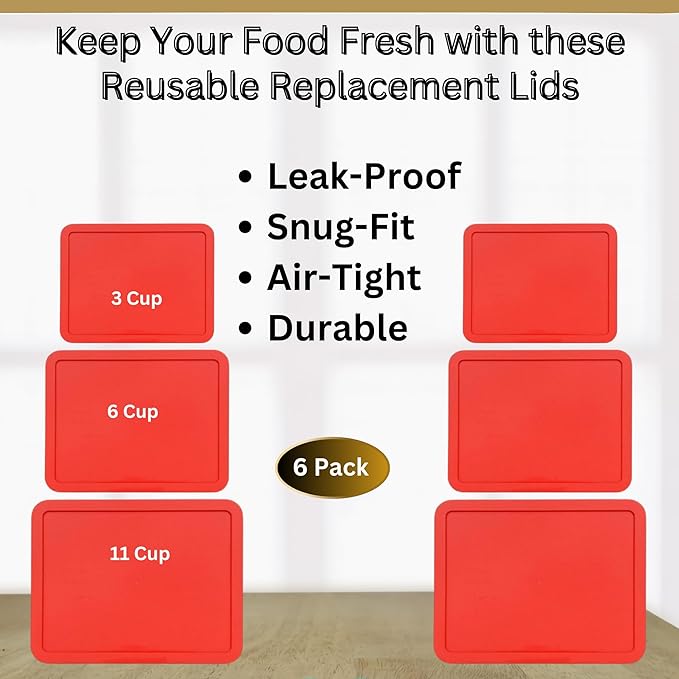 3, 6 & 11 Cup Red Replacement Lids/Covers for Pyrex, Anchor Hocking & KlareWare Storage Bowls *Lids Only Glass Container Not Included* (6 Pack *Two of Each Size*)