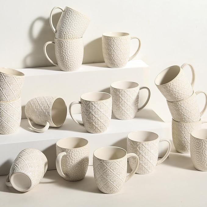 Coffee Mug Set of 4-16 oz Large Ceramic Mugs, Porcelain Embossed Coffee Cups for Cocoa, Tea, Milk, Mocha, Cappuccino - Housewarming Wedding Decoration, Dishwasher Safe, 3.5 x 4.5 inch
