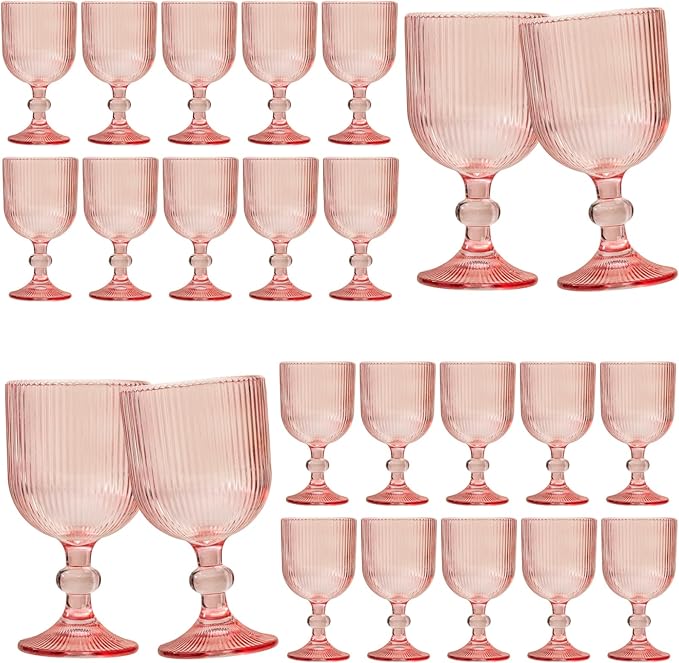 24 Pcs Pink Vintage Wine Glasses, 11 Ounces Colored Glass Water Goblets, Unique Embossed Pattern High Clear Stemmed Glassware Wedding Party Bar Glass Drinking Cups Fancy Glasses Set Hand Wash Only