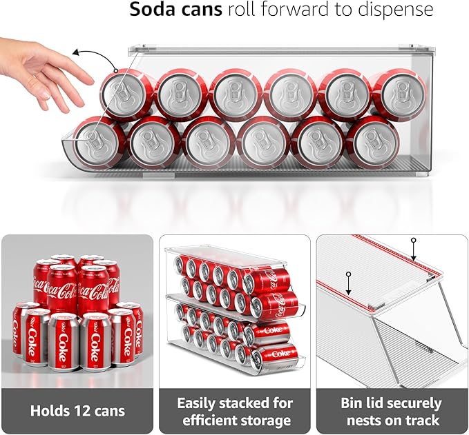 Sorbus Soda Can Organizer for Refrigerator & Egg Holder for Fridge Set, 4 Stackable Can Holder Dispenser Holds 12 Cans Each & 2 Egg Holders with Lid holds 14 eggs for Fridge, Pantry, Freezer, BPA-Free