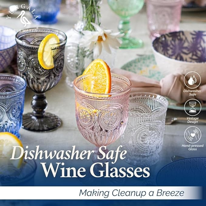 Yungala Colored Wine Glasses set of 6 colorful glass goblets made from Solid glass colors, colorful wine glasses are 100% dishwasher safe, multi colored wine goblets are hand crafted