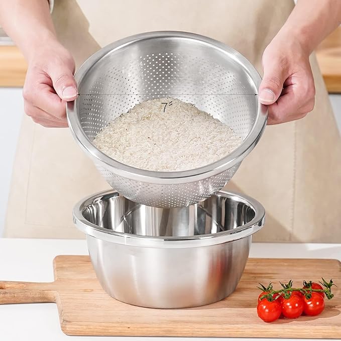 304 Stainless Steel Colander 2QT Microporous Colander & Mixing Bowl for Kitchen Cooking,Rice Strainer with Washing Bowl for Pasta Straining,Fruit Washing,Vegetable Draining(2PCs)