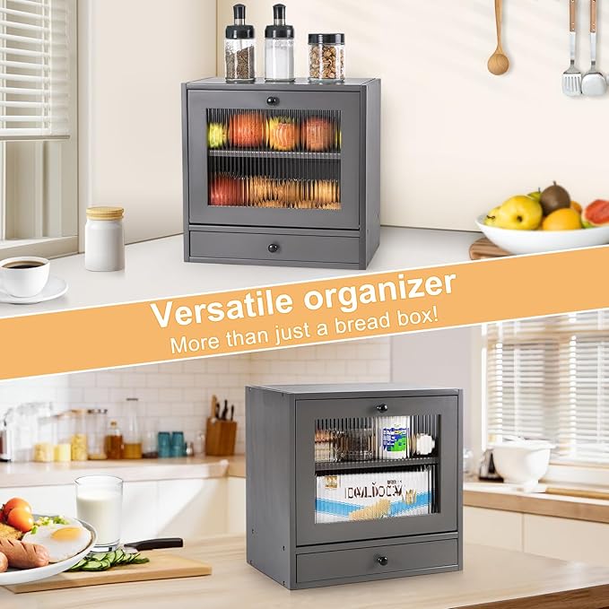Sunhoo Bread Box for Kitchen Countertop Bin 2 Layer Wooden Bread Storage Breadbox Holder Large Capacity Container Bread Organizer Farmhouse Keeper Shelf with Drawer Acrylic Window (Grey