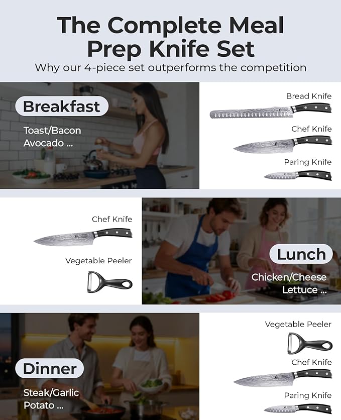 Essential 4-Piece Kitchen Knife Set,Sharp German Steel Knives Sets(Chef's Knife, Paring Knife, Bread Knife + Peeler) for Home Cooking BBQ,Gift Box included