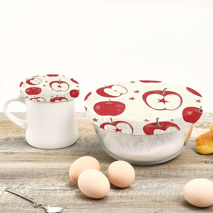 5 Pcs Bowl Covers Reusable in 5 Size Elastic Food Cover Cloth Lids Fresh Keeping Dish Cookware Bakeware Fabric Covers Lids for Food Leftovers Fruits Storage Red Apple Stars